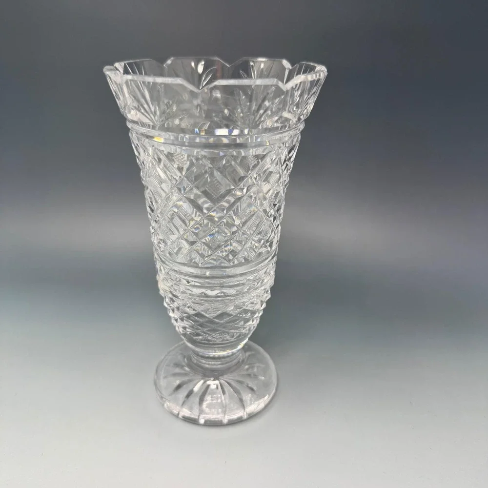 Vintage Cut Crystal Footed Vase Clear Glass Diamond Pattern Scalloped Rim 8 Inch